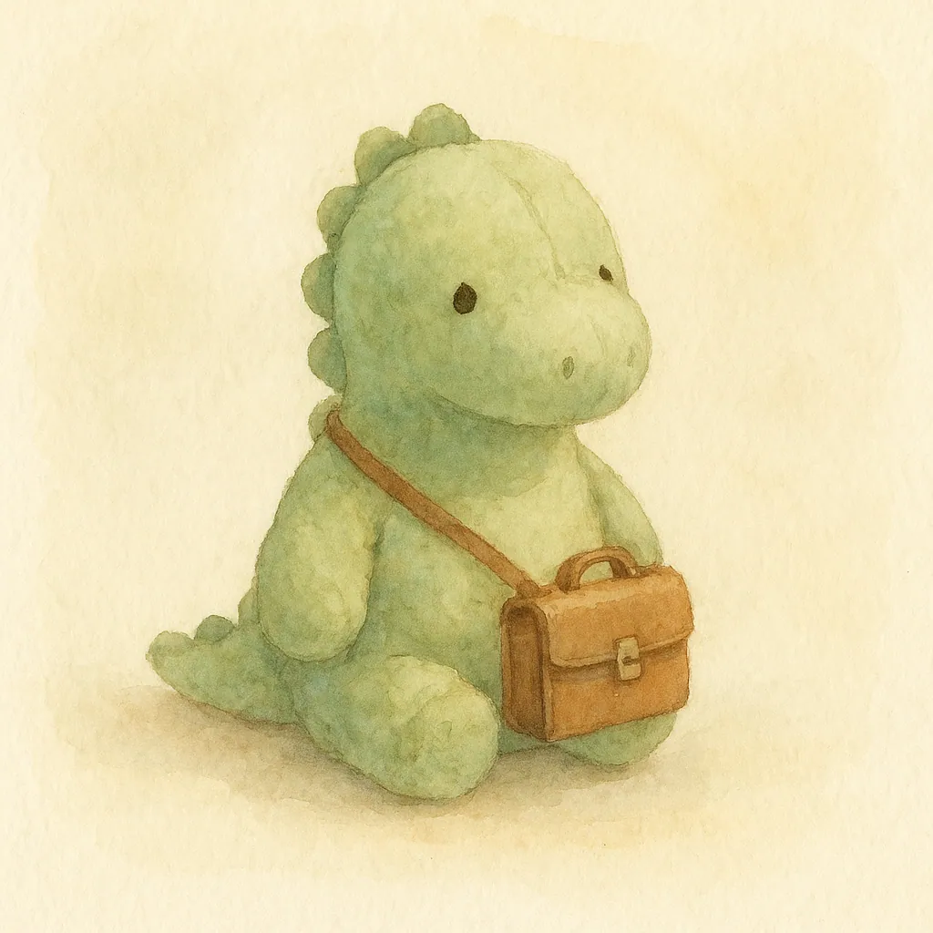 Watercolor illustration: a stuffed dinosaur wearing a tiny briefcase