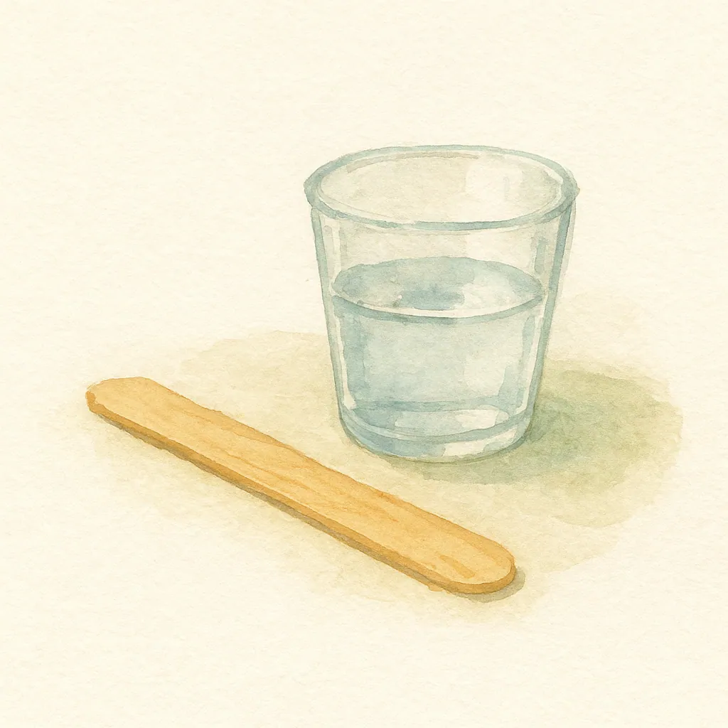 Watercolor illustration: a tongue depressor and a cup of water on a bathroom counter