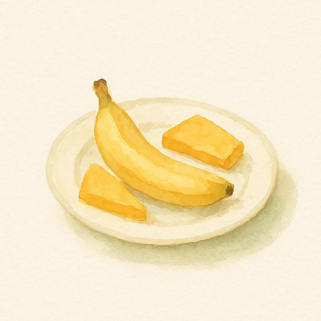 Watercolor illustration: a banana between two slices of cheese on a plate